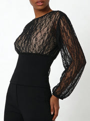 Black Lace Round Neck Long Sleeve Top