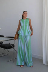 Striped Peplum Top and Wide Leg Pants Set