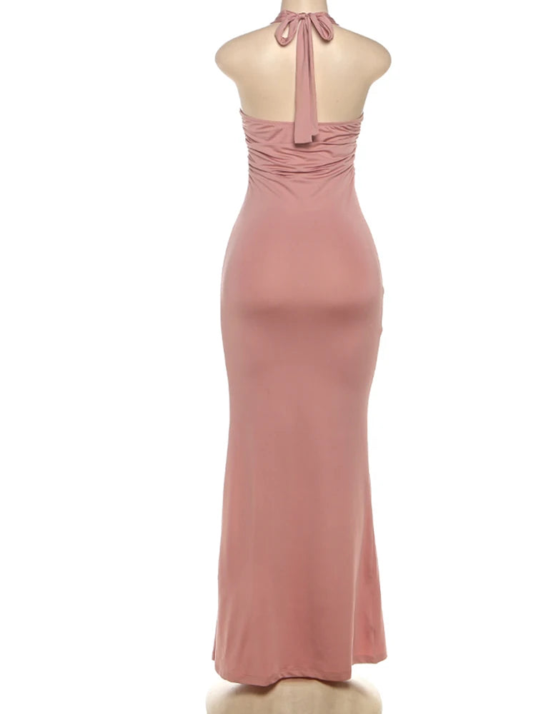 Pink halter neck gown - back view