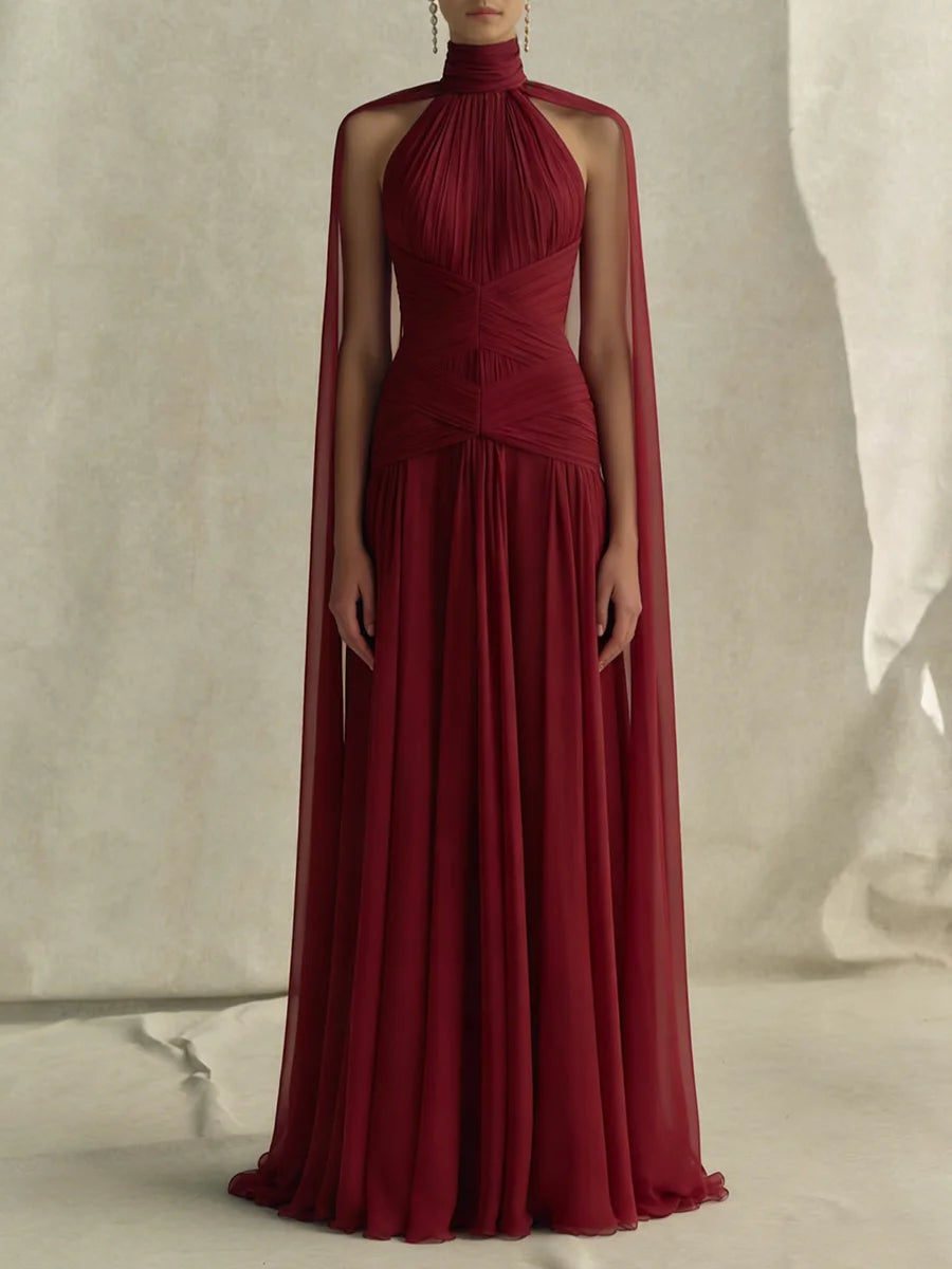 Red halter neck maxi dress with gathered bodice detail