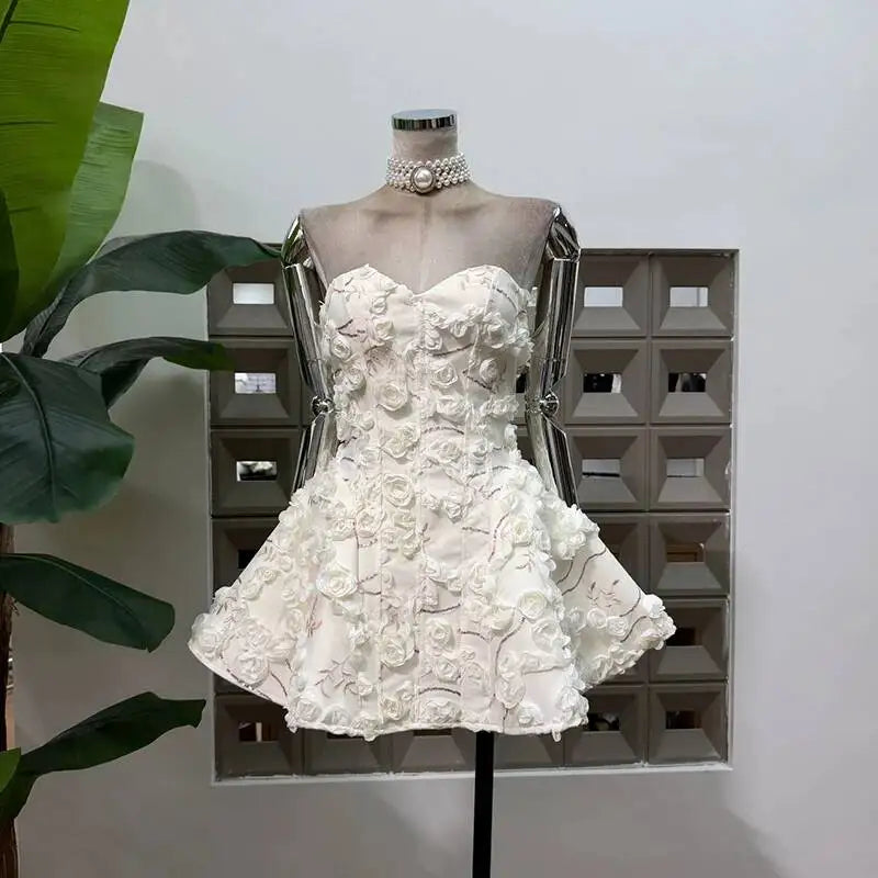 White 3D floral strapless mini dress