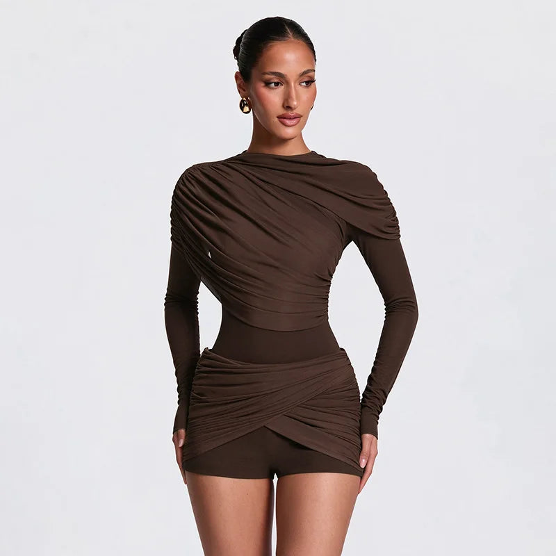 Brown draped ruched long sleeve jumpsuit detail
