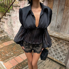 Sheer lantern sleeve fitted shirt front view