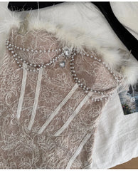 Feather Trimmed Pearl Embellished Corset Dress