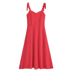 Solid Red Tie Bow Strap Sleeveless Women Midi Dress - Golden Atelier