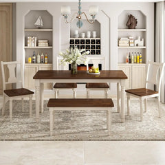Dining room with wooden table, chairs, and benches in a well-lit room.