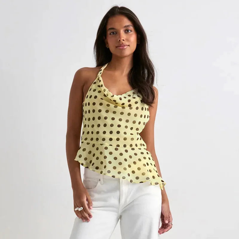 Yellow polka dot halter neck camisole top