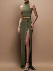 Beaded diamond two-piece set with turtleneck crop top and split long skirt.