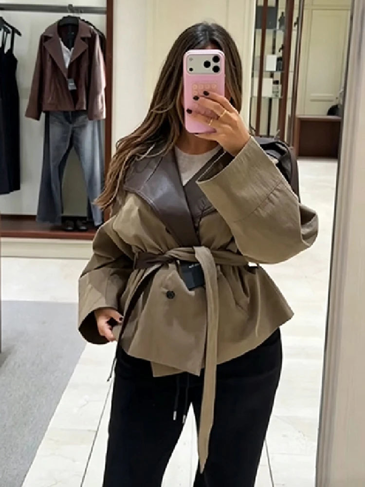 Faux leather collar belted lantern sleeve jacket