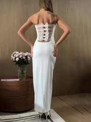 3D Flower Patchwork Open Back Ruched White Long Dress