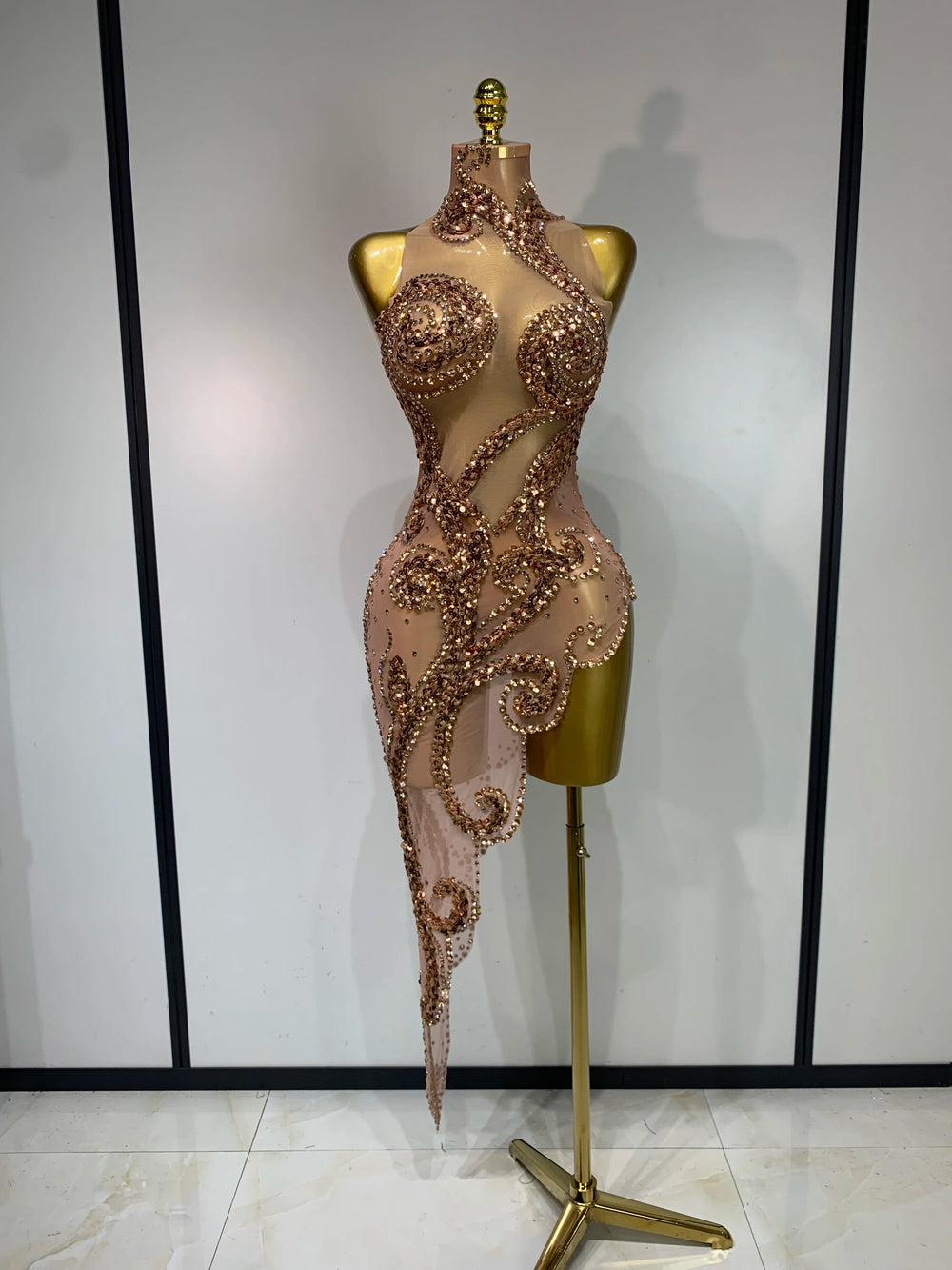 Mesh sequin asymmetric dress with high neckline
