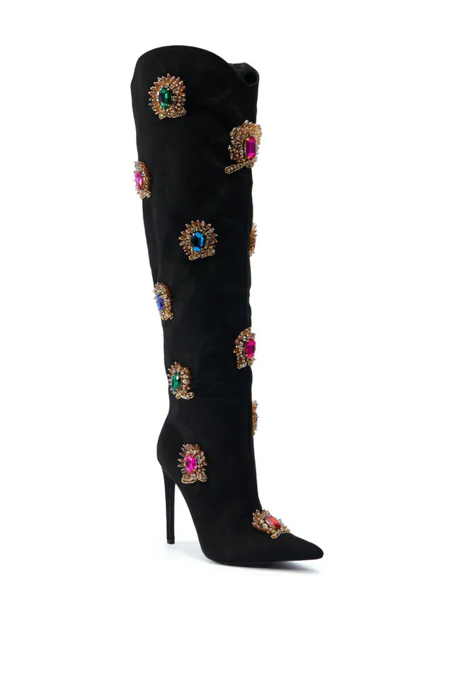 Black knee-high boot with colorful gemstone embellishments