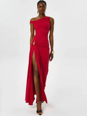 Red One-Shoulder High Split Metal Decor Maxi Dress