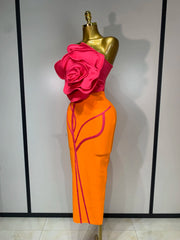 3d Rose Applique Bandage Long Dress