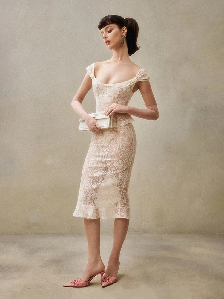 Lace ruffle top and midi skirt set