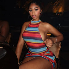 Striped Knit Halter Backless Mini Dress