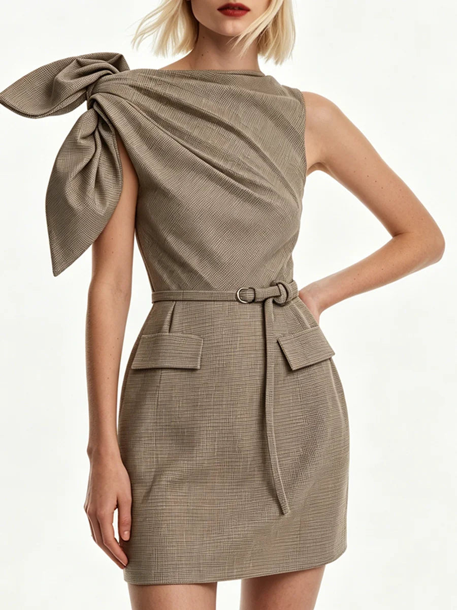 Asymmetric bow shoulder mini dress