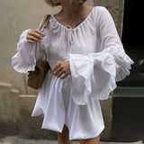 Women White Lace Up Ruffle Oversized Cover-up Top