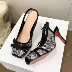 Insole view of black lace slingback square toe heels