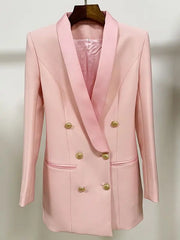 Women Blazer Satin Double Breasted Notched Collar Pink - Golden Atelier