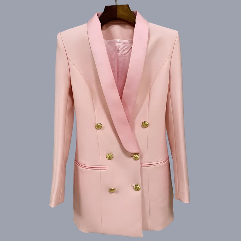 Women Blazer Satin Double Breasted Notched Collar Pink- Golden Atelier