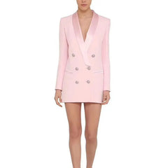 Women Blazer Satin Double Breasted Notched Collar Pink- Golden Atelier