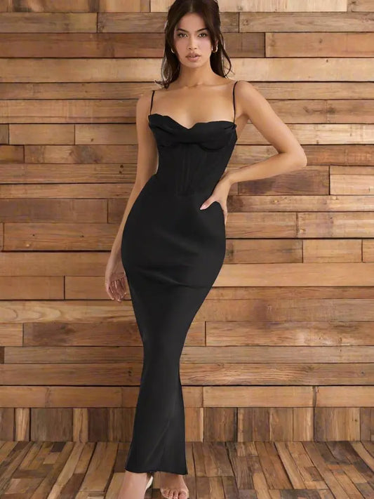 Satin Spaghetti Strap Corset Maxi Dress For Women - Golden Atelier