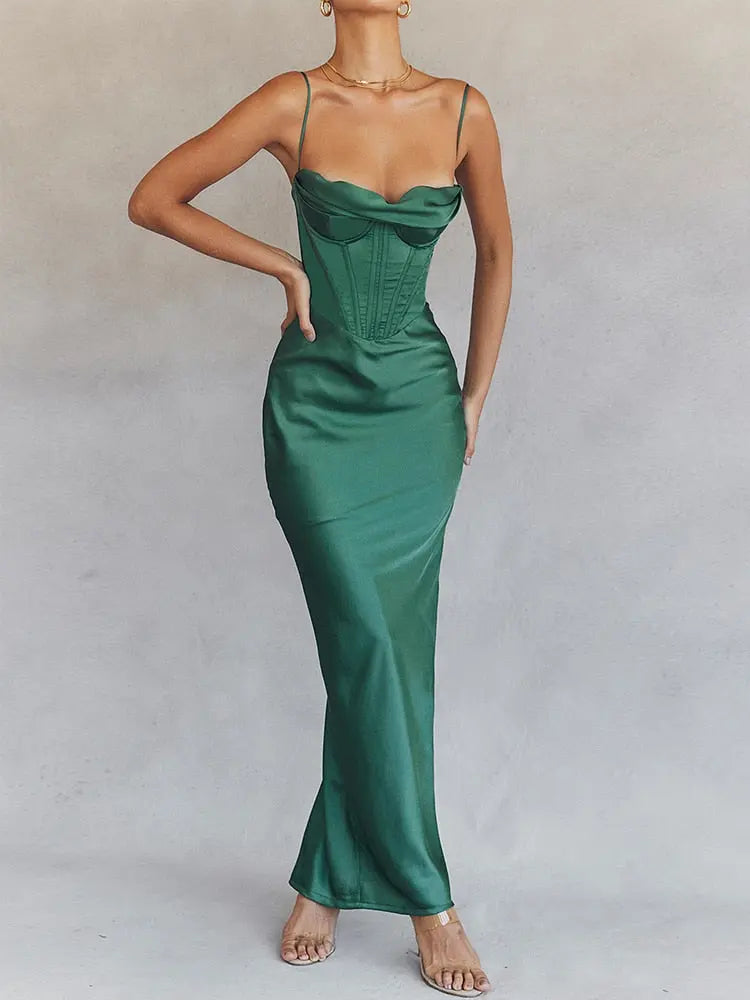 Satin V Neck Corset Solid Maxi Dress For Women - Golden Atelier