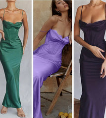 Three women wearing elegant evening gowns in green, purple, and black.