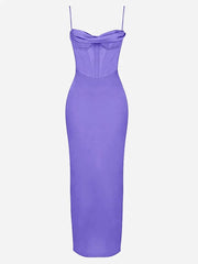 Satin V Neck Corset Solid Maxi Dress For Women - Golden Atelier