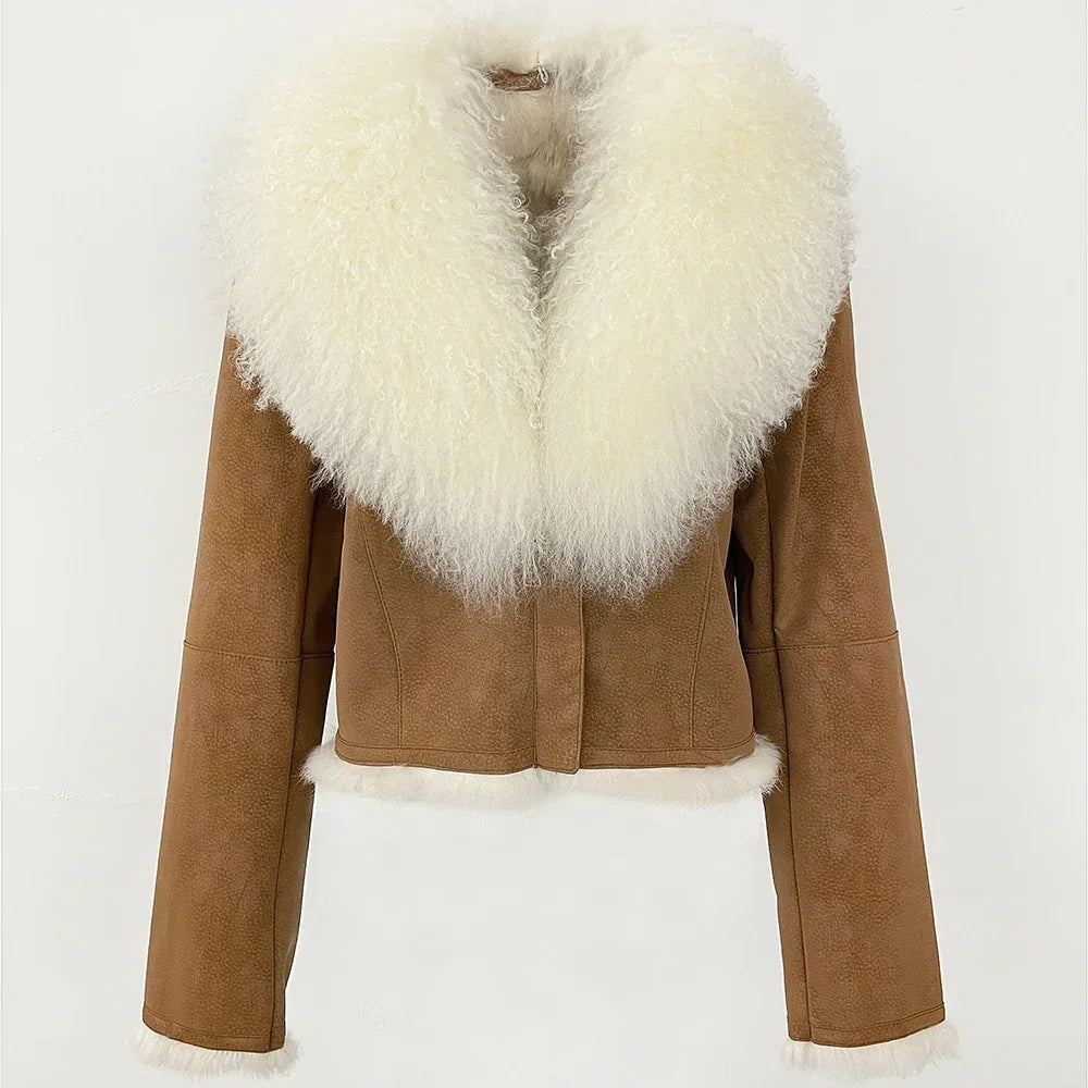Brown jacket with white fur collar and cuffs on a white background