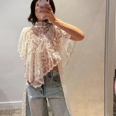 Floral Lace Mock Neck Asymmetrical Hem Top