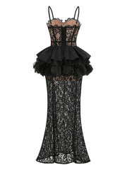 Black Sheer Lace Corset and Flounce Skirt Hem Maxi Dress