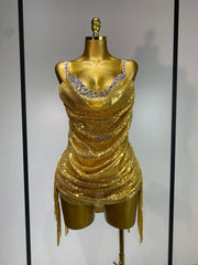 Gold sequin cowl neck bodysuit with fringe detail