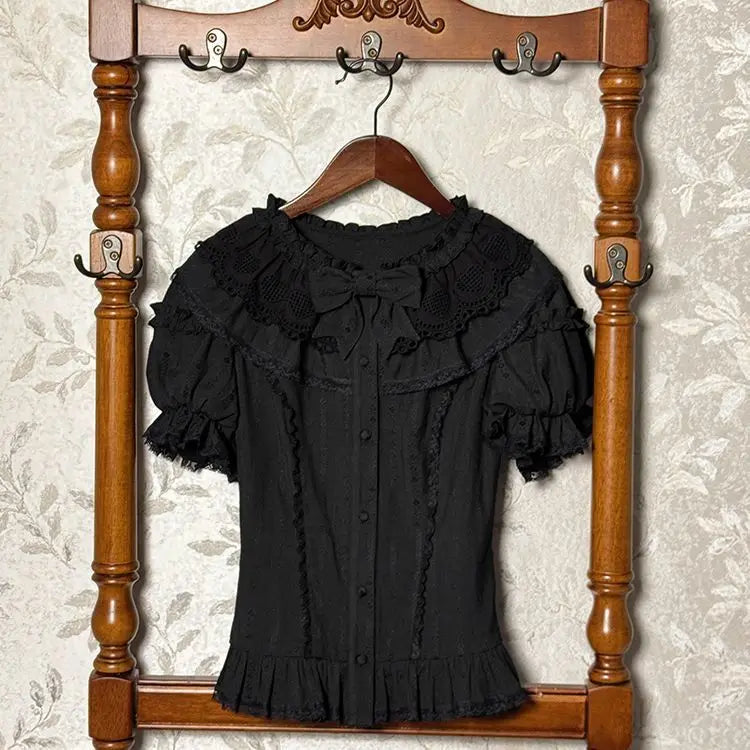 Black puff sleeve lace collar bow detail blouse