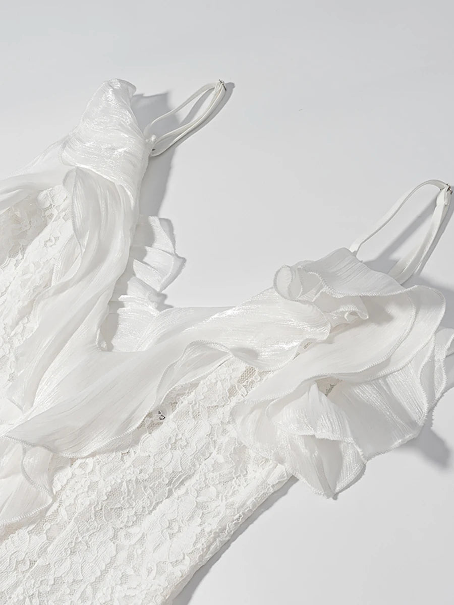 White lace wedding dress on a white background