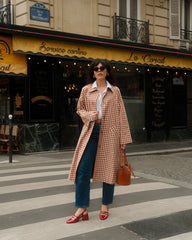 Red Gingham Lapel Long Trench Coat