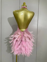 Beaded Feather Halter Sequin Mini Dress