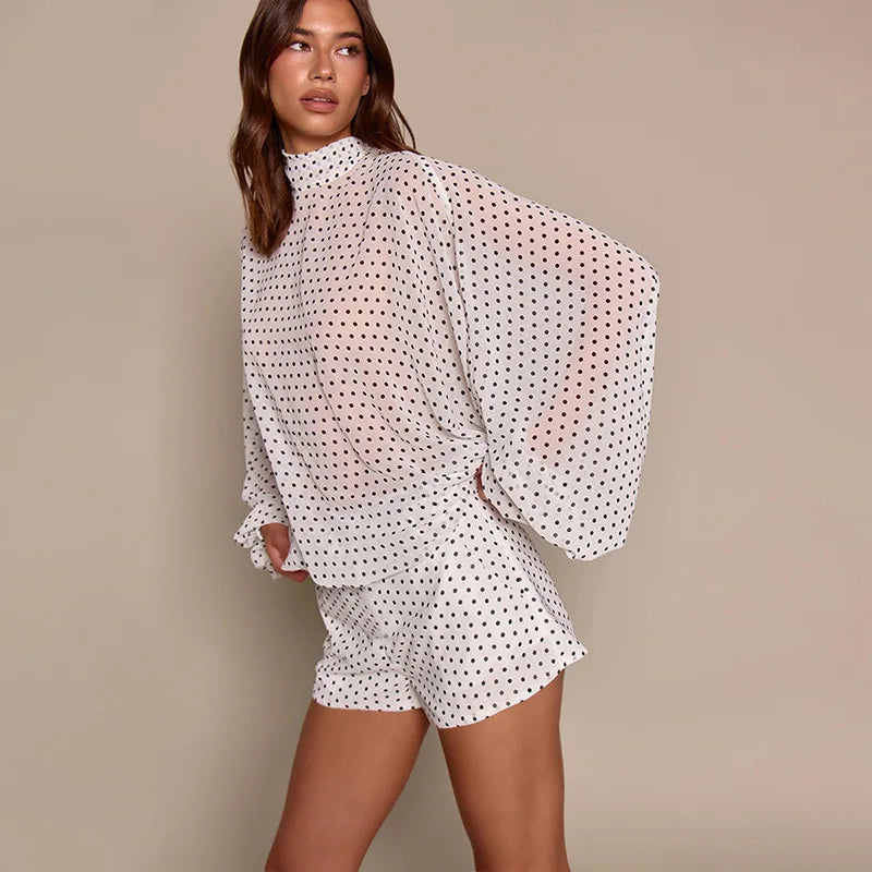 White polka dot turtleneck chiffon top and shorts set side view