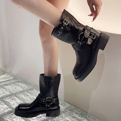 Buckle Strap Mid-Calf PU Leather Square Toe Thick Heels Boots