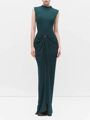Sleeveless mock neck draped maxi dress in green