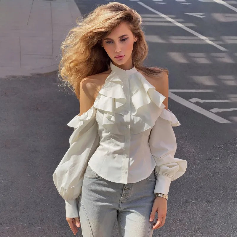 White ruffled cold shoulder puff sleeve blouse