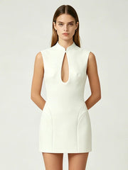Front view detail of stand collar cutout mini dress