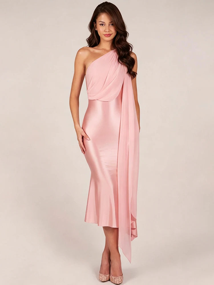 Pink one shoulder drape midi dress