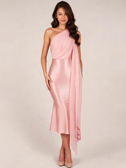 Pink one shoulder drape midi dress