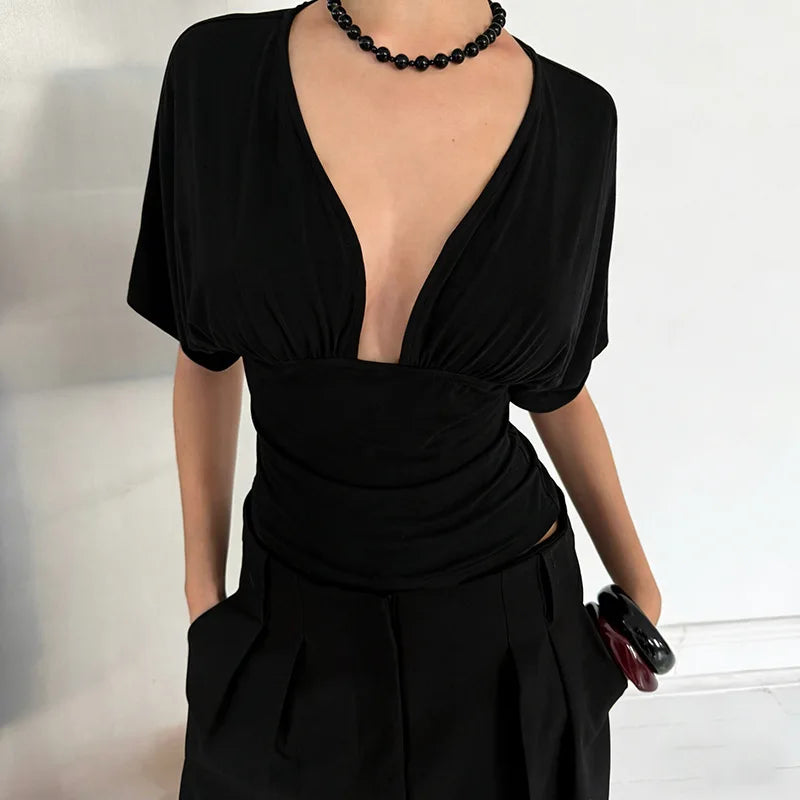 Black deep v-neck dolman sleeve gathered top