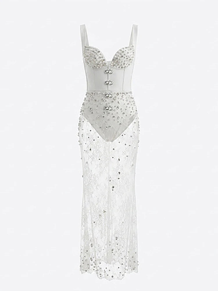 White beaded lace corset dress