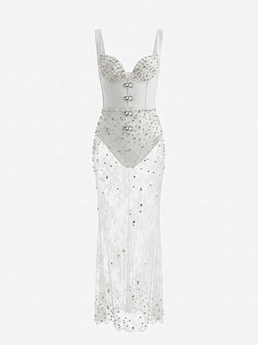 White beaded lace corset dress