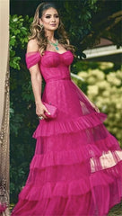 Fuchsia Tulle Gown A-line Multilayer Open Shoulder Prom Dress