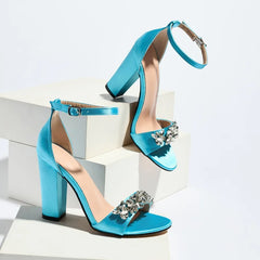 Crystal Embellished Square Heel Ankle Strap Sandals